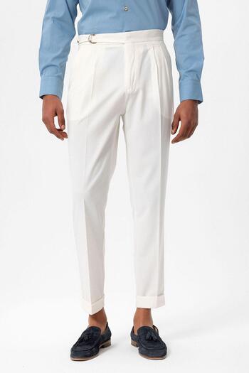Antioch Ecru High Waist Buckle Closure Pleated Men's Trousers