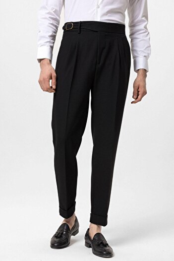 Antioch Black High Waist Pleated Buckle Detailed Men's Trousers