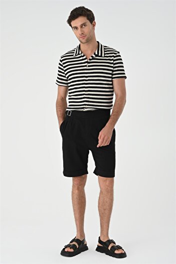 Antioch Black Buckle Detailed Pleated Men's Shorts