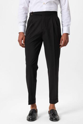 Antioch Dark Brown Men's Trousers with High Waist and Buckle Closure Detail