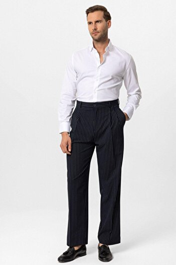 Antioch High Waist Navy Blue Striped Relax Fit Men's Trousers