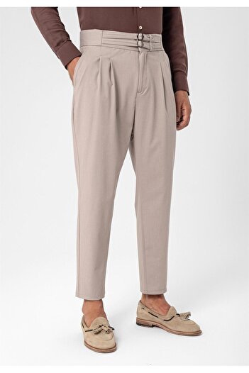 Antioch Dark Stone High Waist Buckle Belt Pleated Fabric Trousers