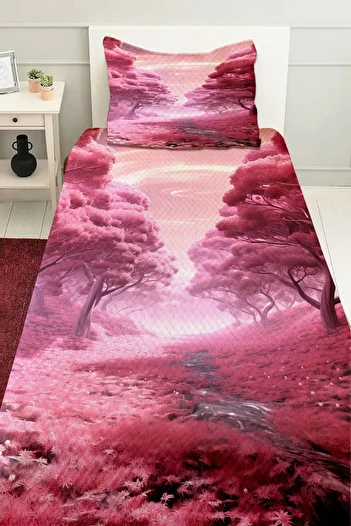 3D ELSE HALI Single Purple Flower Garden Patterned Children's Pique Set - Quilted Bedspread