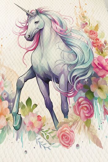 3D ELSE HALI Colorful Floral Set with Unicorn Pattern - Girl's Quilted Bed Pique