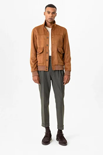 Antioch Camel Elastic Waist Stand Collar Suede Men's Coat