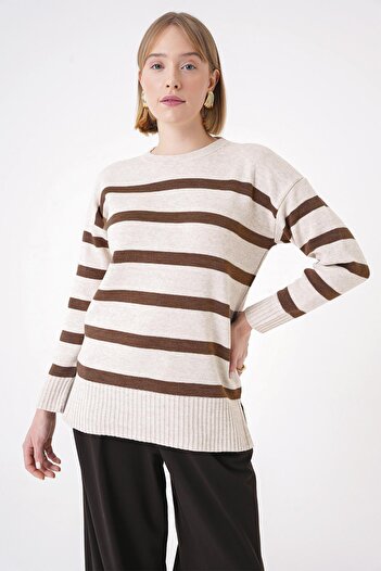 CHUBA Women's Crew Neck Textured Comfortable Fit Striped Knitwear Sweater Beige-Brown 25W3002