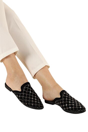Liger Γυναικείες παντόφλες Suede Pointed Toe Stone Design ΜΑΥΡΟ - ΑΣΗΜΙ