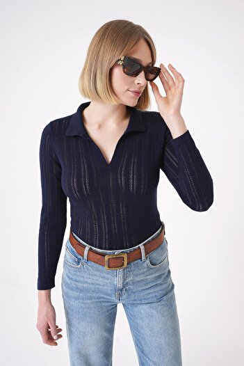 CHUBA Women's Polo Neck Knit Detailed Regular Fit Knitwear Sweater Navy Blue 25W3004
