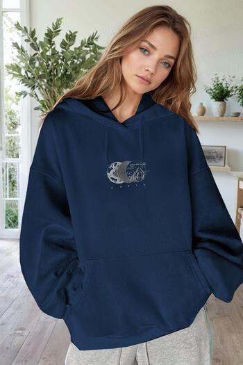 Millionaire Navy Blue Earth 3 Thread Oversize Hooded Sweatshirt - Kangaroo Pocket