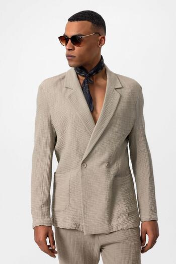 Antioch Men's Blazer Jacket - Beige Double Breasted Closure, Unlined