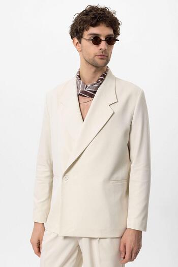 Antioch Ecru Double Breasted Fleto Men's Blazer Jacket with Pockets