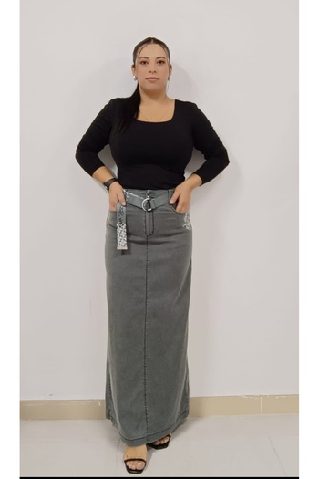 AKŞEN GİYİM 95 cm Ankle Length Full Lycra and Belted Long Skirt - Plus Size Thin Denim Sand