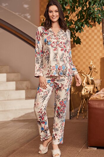 Mecit Pijama Mecit 5248 Önden Düğmeli Çiçekli Pijama Takımı