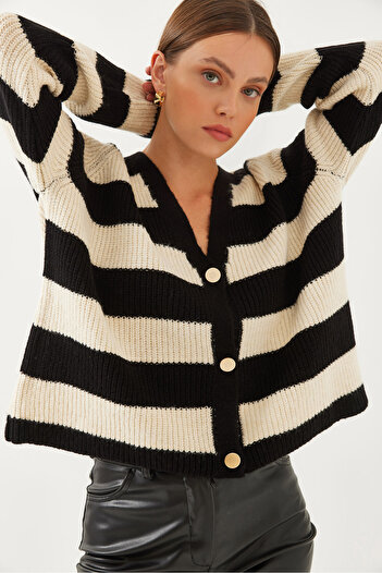 Bianco Lucci Women's Striped Three-Button Knitwear Cardigan 20247538