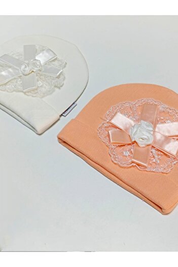 neocotton 2-Piece Cotton Striped Knitted Combed Baby Beanie Rose Bow