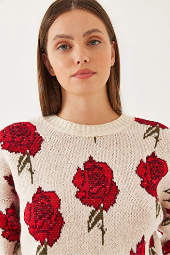 Bianco Lucci Women's Crew Neck Rose Patterned Knitwear Sweater 20246257