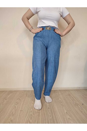 enmodaiçgiyim High Waist Linen Women's Trousers - Dark Blue Shalwar