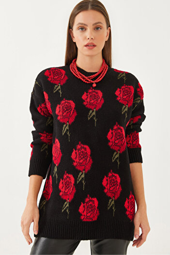 Bianco Lucci Women's Crew Neck Rose Patterned Knitwear Sweater 20246257