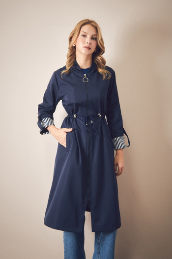 Fulla Moda Basic Elastic Waist Sleeve Folded Hooded Trench Coat