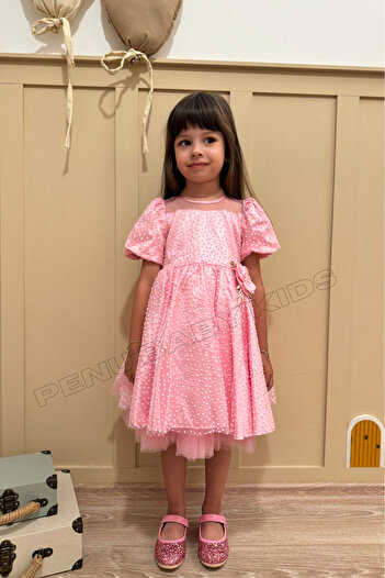 penu baby kids Pembe Çiçek Detaylı Simli Puanlı Balon Kol Kız Çocuk  Elbise