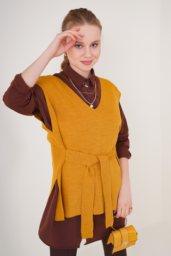 Bigdart Mustard 15760 Model Belted Knitwear Sweater