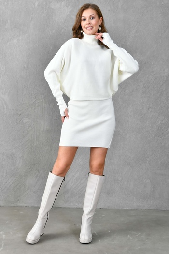 4S1B FASHION Turtleneck Knitwear Sweater and High Waist Skirt - Hand and Sleeve Design, Ecru 075