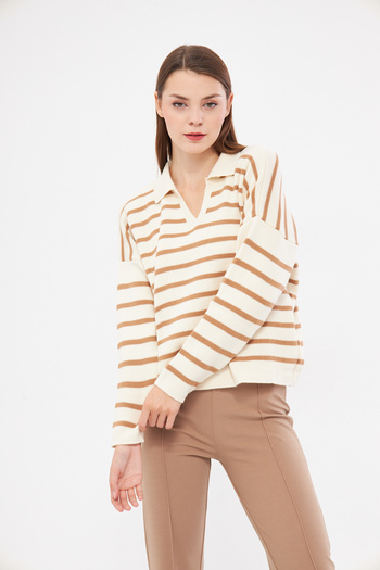 brako tekstil Pulover oversize tricot cu dungi cu gât polo de damă