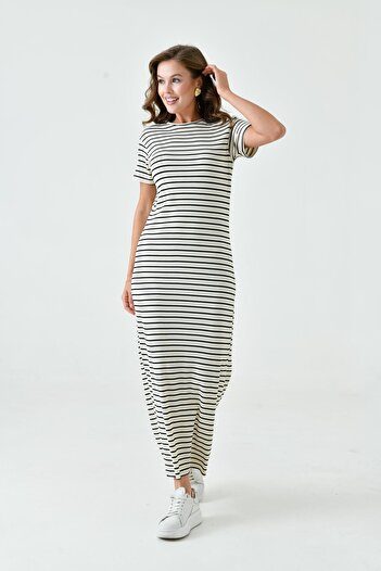mirach Striped Short Sleeve Ribbed Maxi Dress - Crew Neck, Basic Knitwear Abaya Ferace