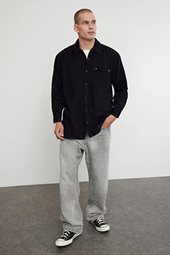 Trendyol Collection Μαύρο Oversize Fit Stamp Χειμερινό πουκάμισο με υφή TMNAW25GO00005