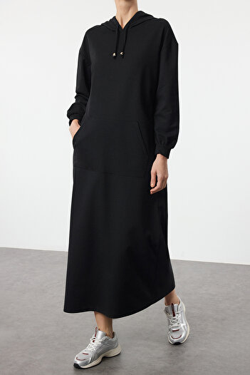 Edit by Trendyol Black Hooded Pocket Detailed Knitted Dress Tedaw25Eb00008
