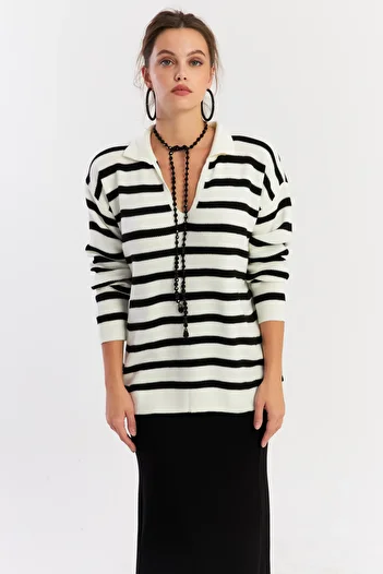 Cool & Modest Polo Neck Striped Women's Knitwear Sweater - Ecru/Black Se01