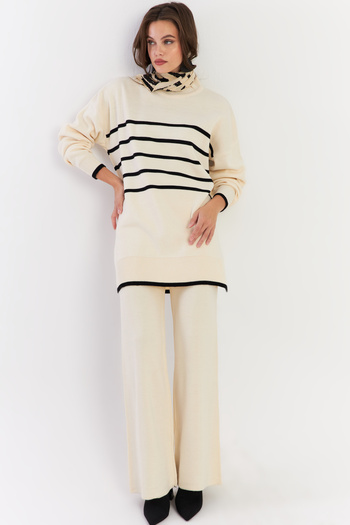Cool & Modest Women's Ecru Striped Lower Top Knitwear Suit Nuv1069
