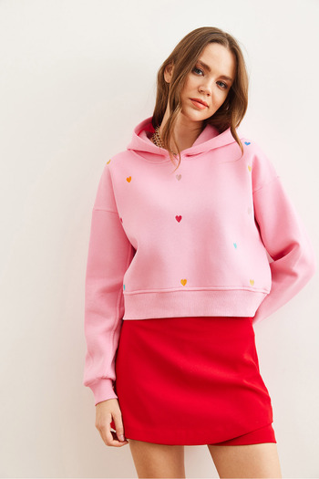 Olalook Candy Pink Heart Embroidered Hooded Crop Sweatshirt - Swt- 19000681
