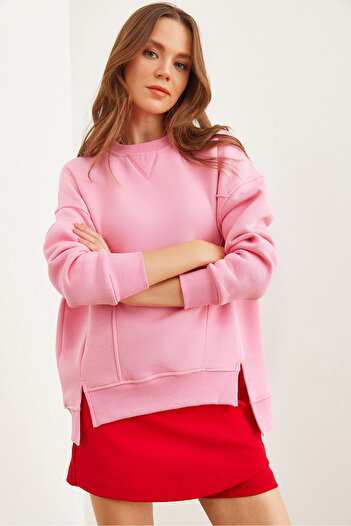 Olalook Candy Pink Women's Sweatshirt - Slit and Stitching Detail, Swt- 19000682