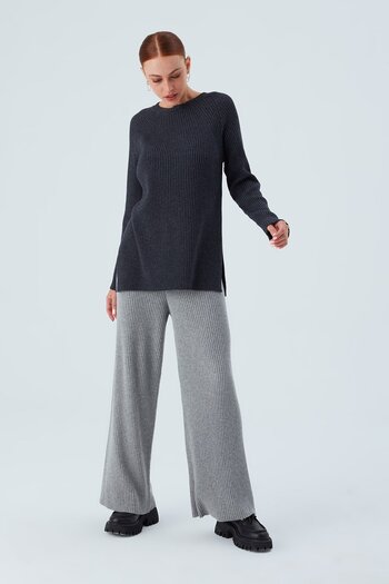 Peraluna Slit Loose Cut Cashmere Blend Women's Knitwear Sweater - Anthracite Melange