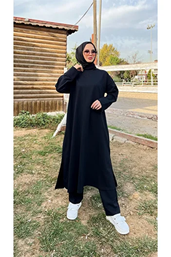 Bwest O Neck Slit Long Wide Comfortable Tunic Trousers Simple Basic Sports Set - 03040.003 - Black