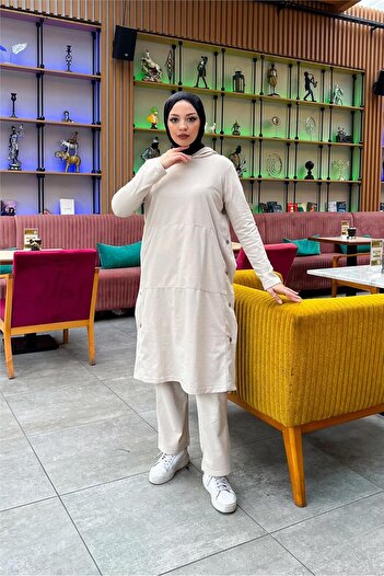 SEVDA Hooded Yandat Snap Fastener Plain Basic Long Tunic and Trousers Double Sports Set - 03071.027 - Ecru