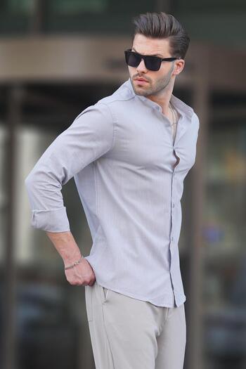 Madmext Сірий суддя комір Linen Look бавовняна сорочка з довгим рукавом чоловіча 6745
