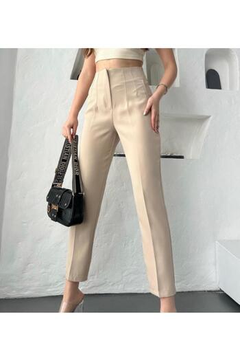 Asia Women's Collet Extra High Waist Cream Skinny Leg Fabric Trousers