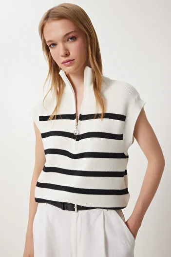 Lovelyİstanbul Striped Zippered Knitwear Sweater - Ecru Lus0039