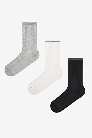 Penti Jacquard Line 3lü Siyah Gri Beyaz Soket Çorap