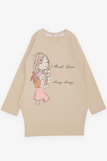 Breeze Beige Girl's Tunic - Happy Printed Sequin, Age 3-7