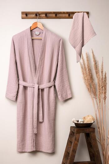 Denizli Concept Powder Color Unisex Kimono Muslin Bathrobe and Towel Set