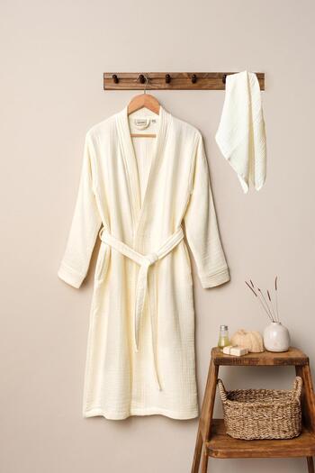 Denizli Concept Ecru Unisex Kimono and Muslin Bathrobe Towel Set