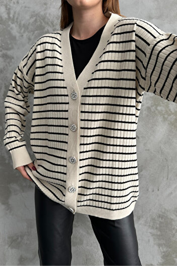 macharel jeans Wide Fit Tweed Look Striped Knitwear Cardigan
