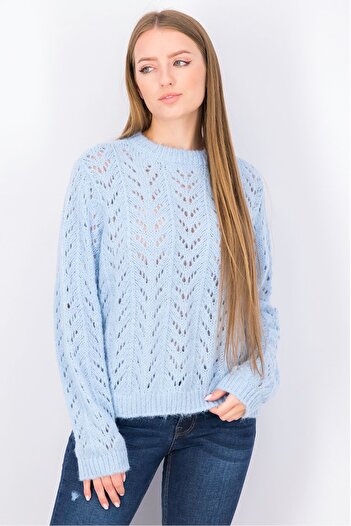 Tchibo Women Crew Neck Eyelet Sweater, Light Blue