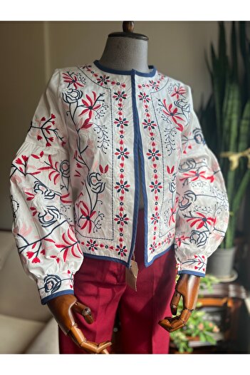 PureSunLady Blue and Red Floral Patterned Balloon Sleeve Embroidered Ethnic Women's Jacket