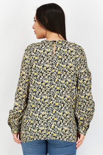 Esprit Women Round Neck Long Sleeves Floral Pattern Blouse, Black
