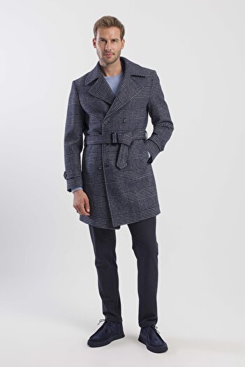Jakamen Navy Blue Slim Fit Sailor Collar Plaid Woolen Coat