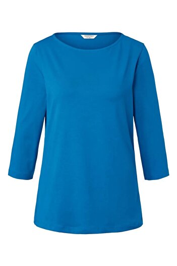 Tchibo Women Round Neck Elbow Sleeve Plain Blouse, Blue